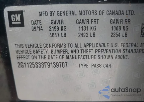 2015 Chevrolet Impala 2Lt z USA, uszkodzony, nr VIN 2G1125S38F9139707